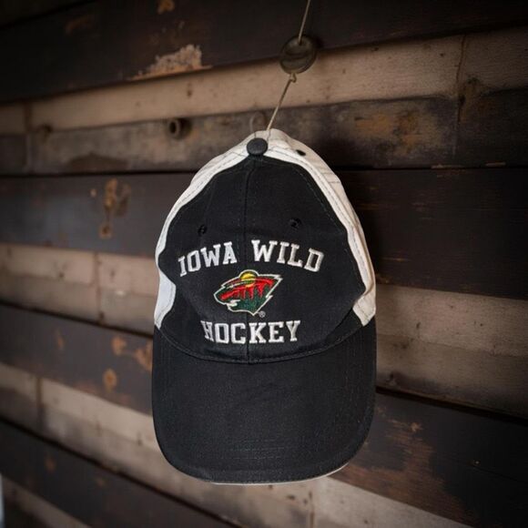 Iowa Wild Hockey Embroidered Logo Adjustable Back Cap Hat Black/White - Picture 1 of 8